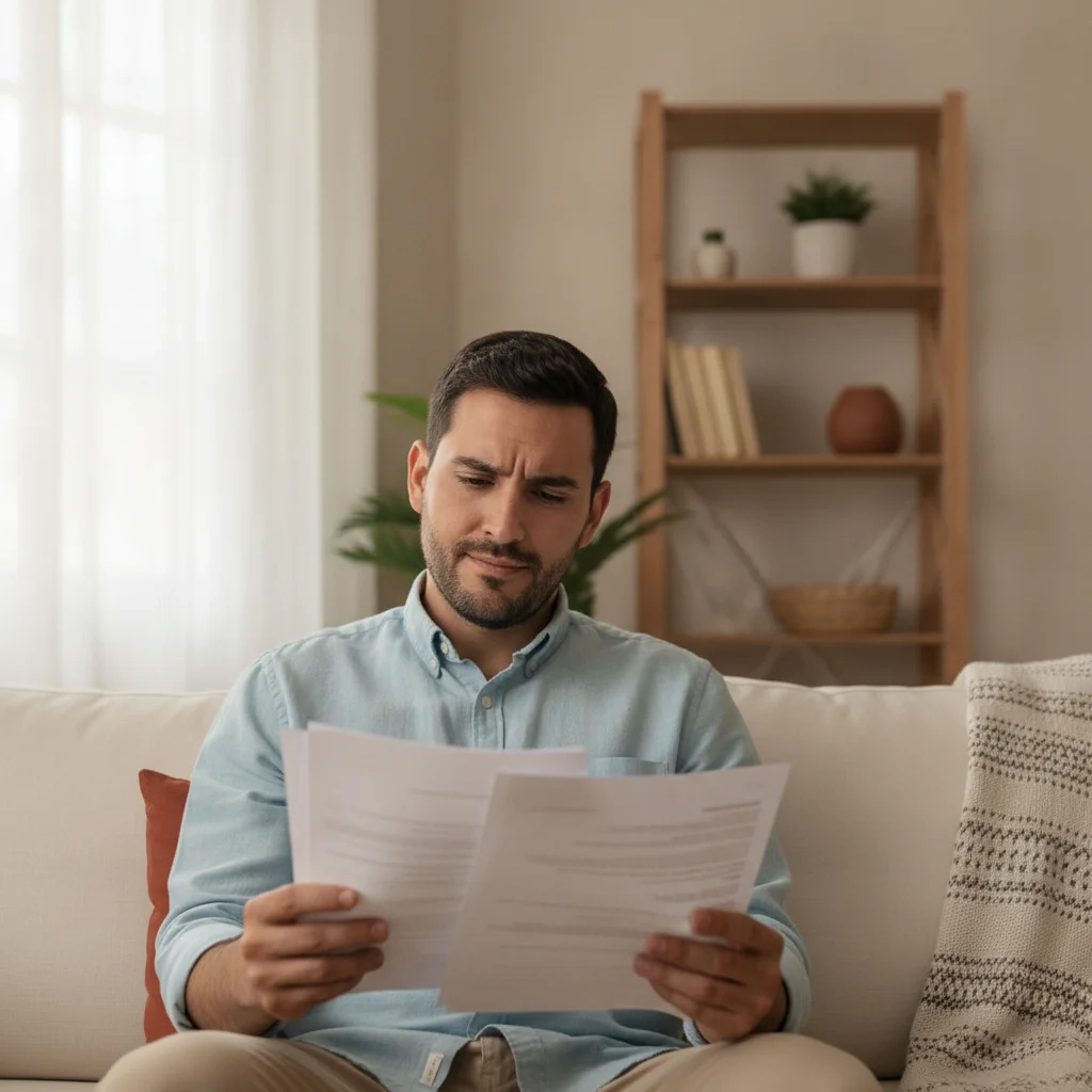 Hombre revisando documentos sentado en una sala