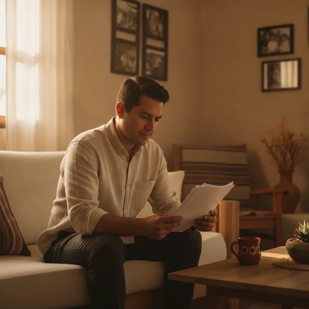 Hombre leyendo un documento sentado en una sala
