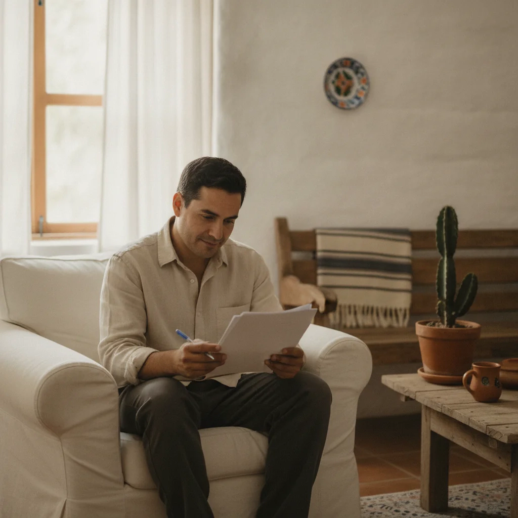 Hombre revisando documentos junto a varias plantas