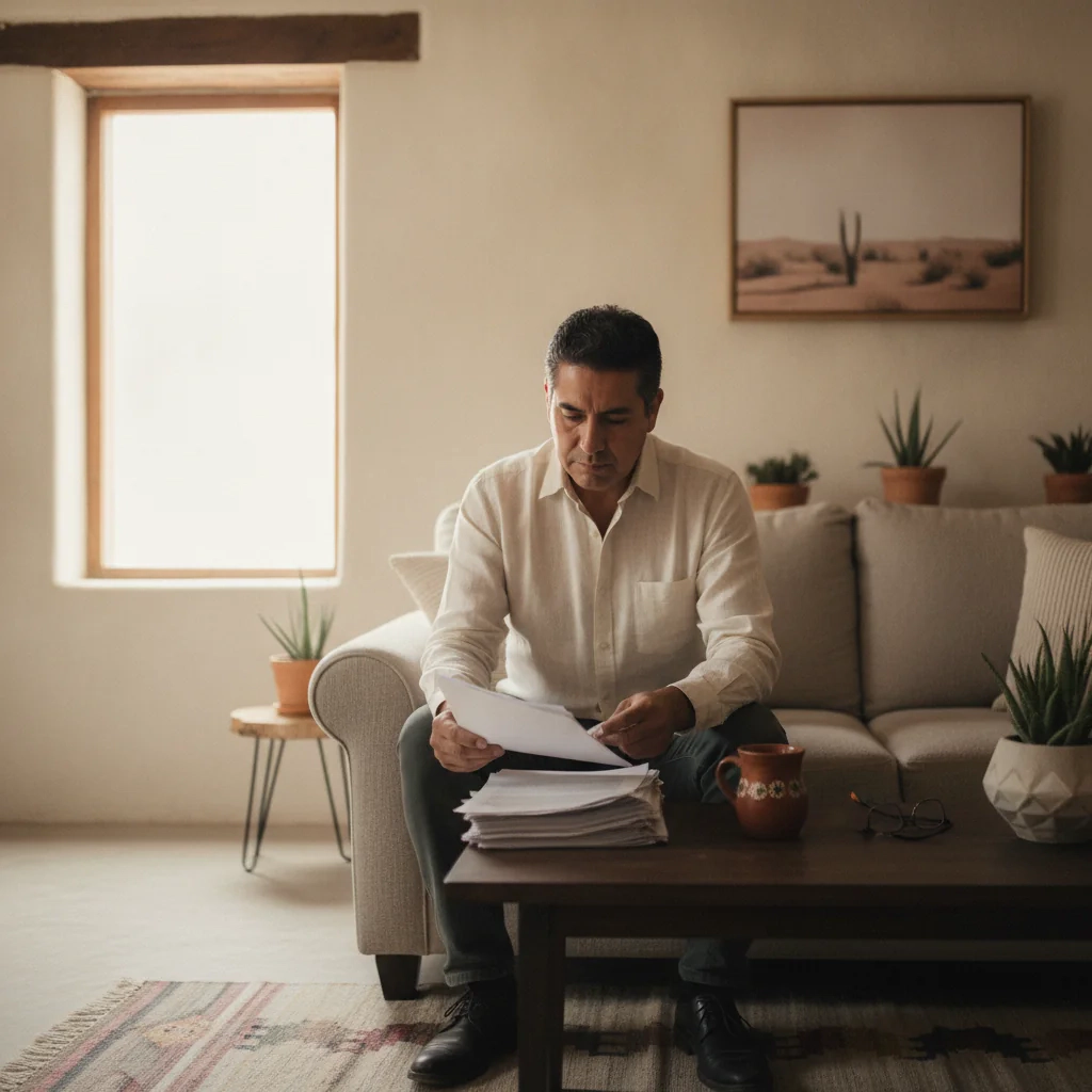 Hombre escribiendo sobre documentos en una mesa