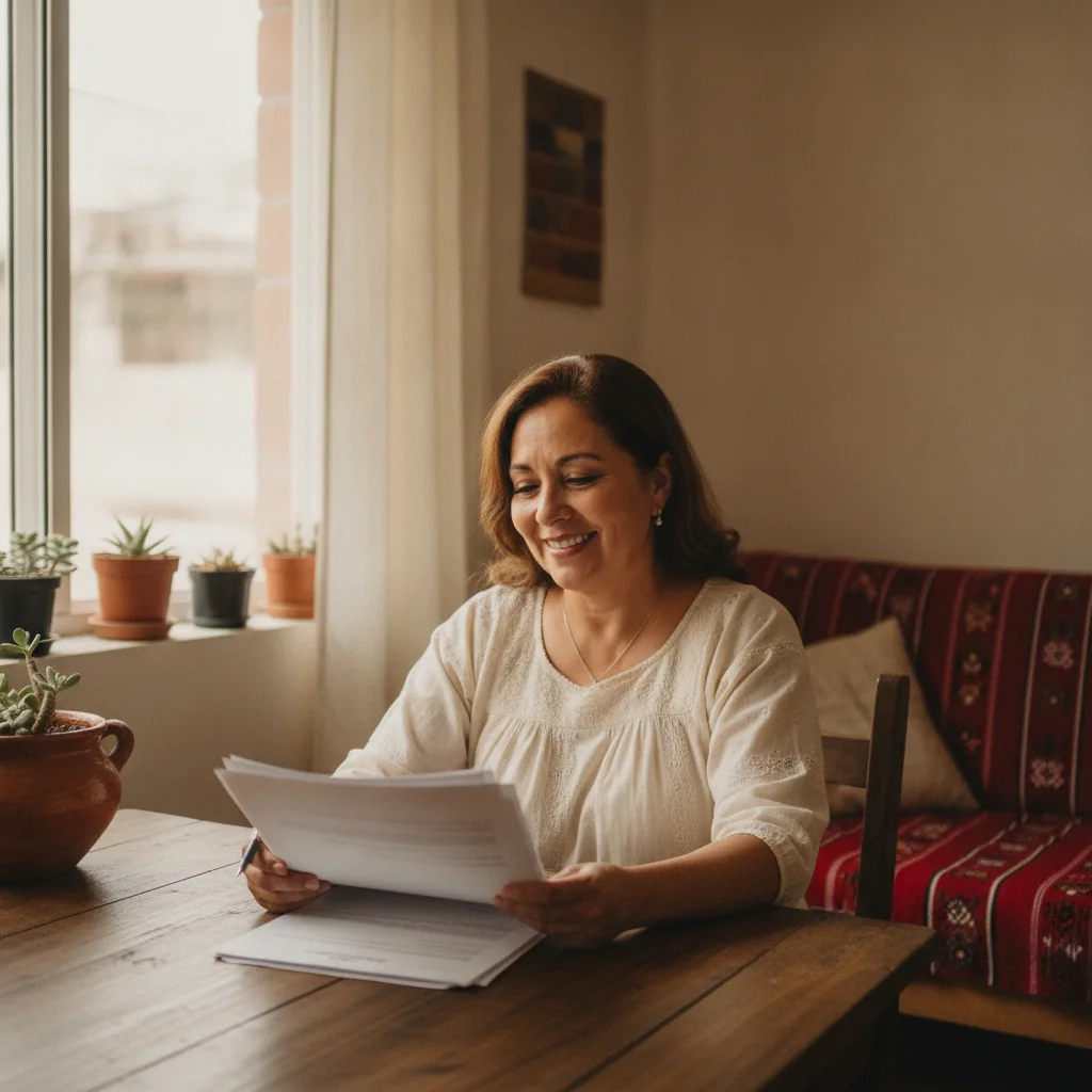 Mujer sonriendo mientras sostiene documentos