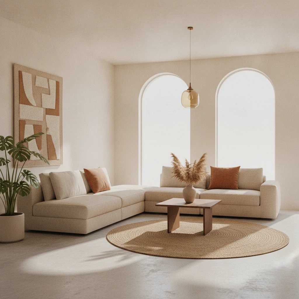 Sala minimalista con arcos y muebles claros