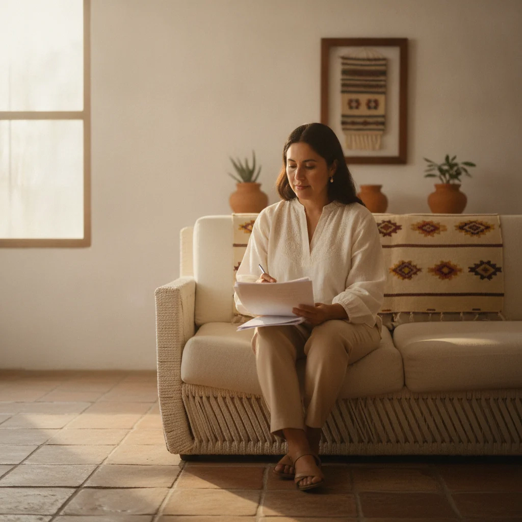 Mujer leyendo un documento sentada en una sala