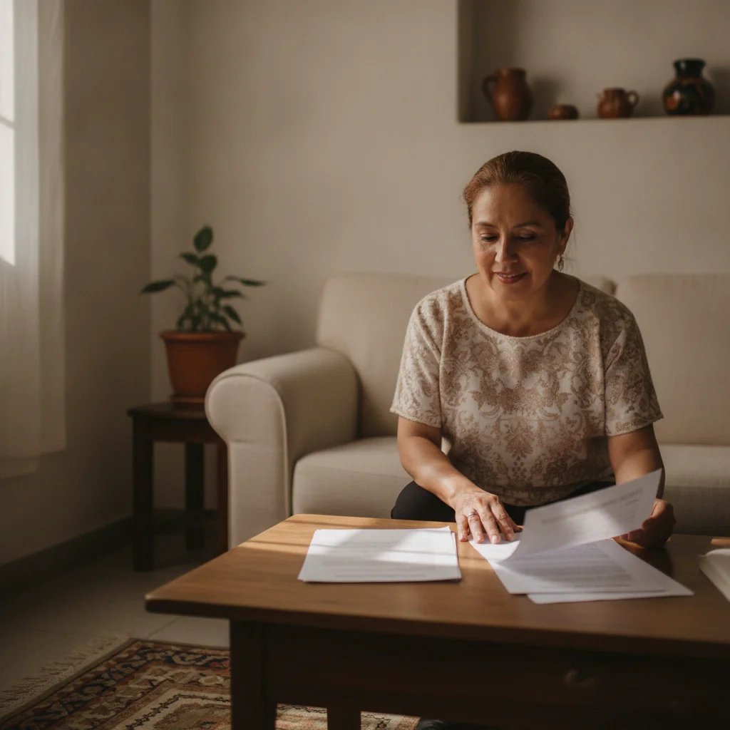 Mujer mayor revisando documentos en una mesa