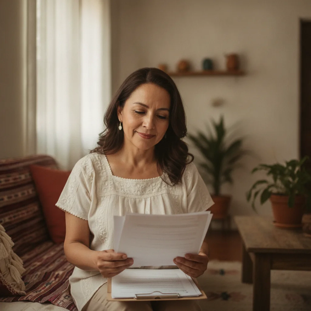 Mujer leyendo un documento sentada en una sala