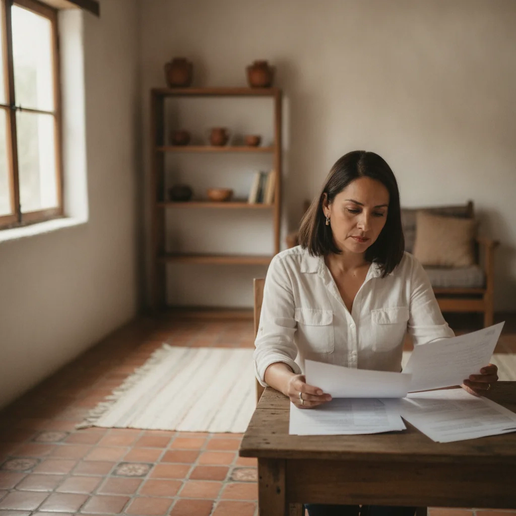 Mujer revisando documentos en una sala