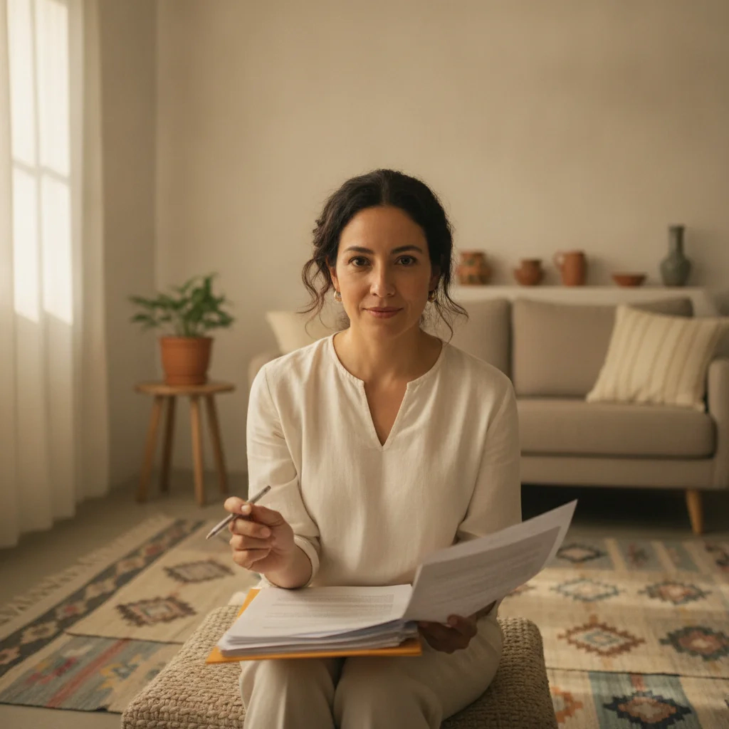 Mujer escribiendo sobre un documento sentada en el piso