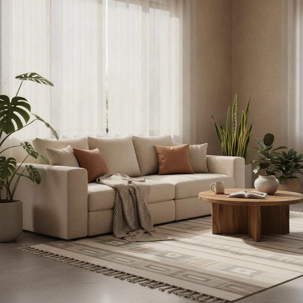 Sala amueblada con sofá y plantas
