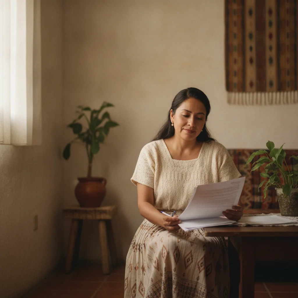 Mujer leyendo un documento sentada en una sala