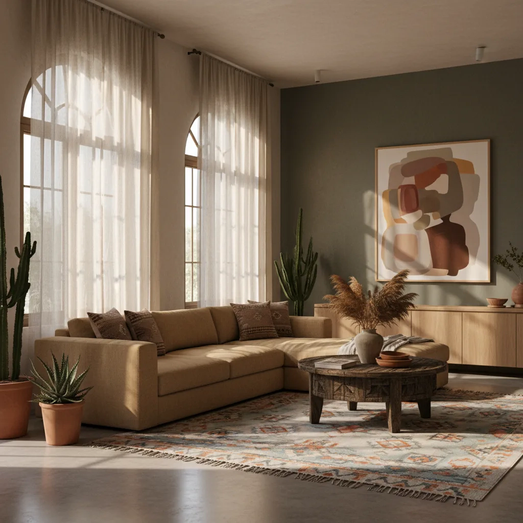 Sala amueblada con sofá y decoración cálida