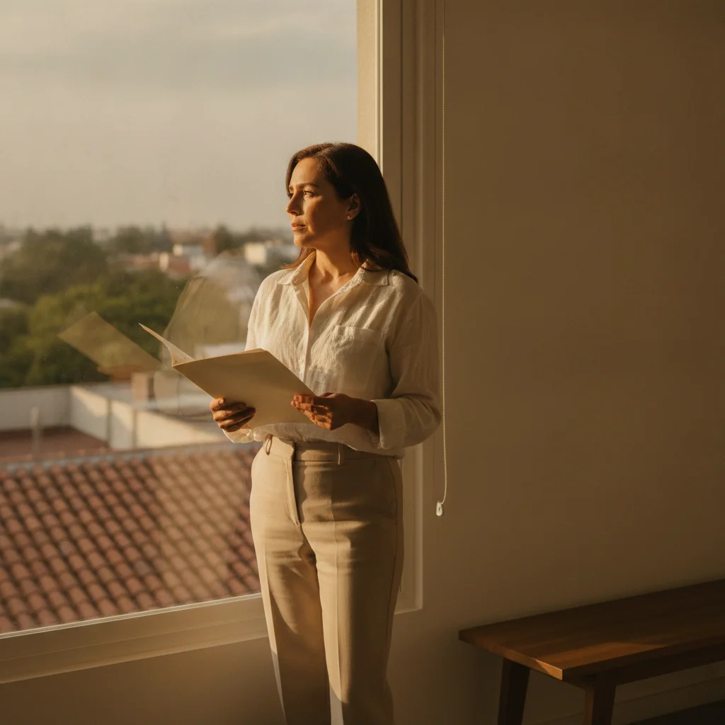 Mujer revisando documentos en un balcón