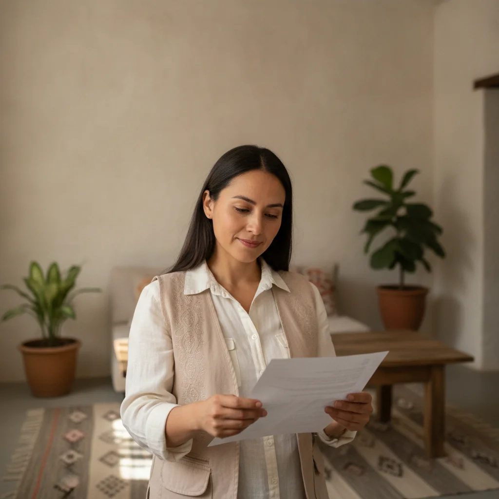 Mujer revisando una hoja en una habitación