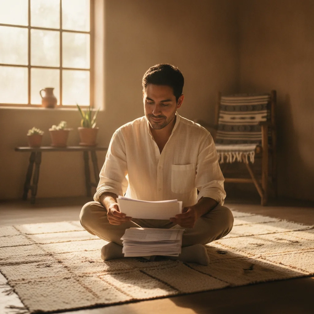 Hombre leyendo una carta sentado en el piso
