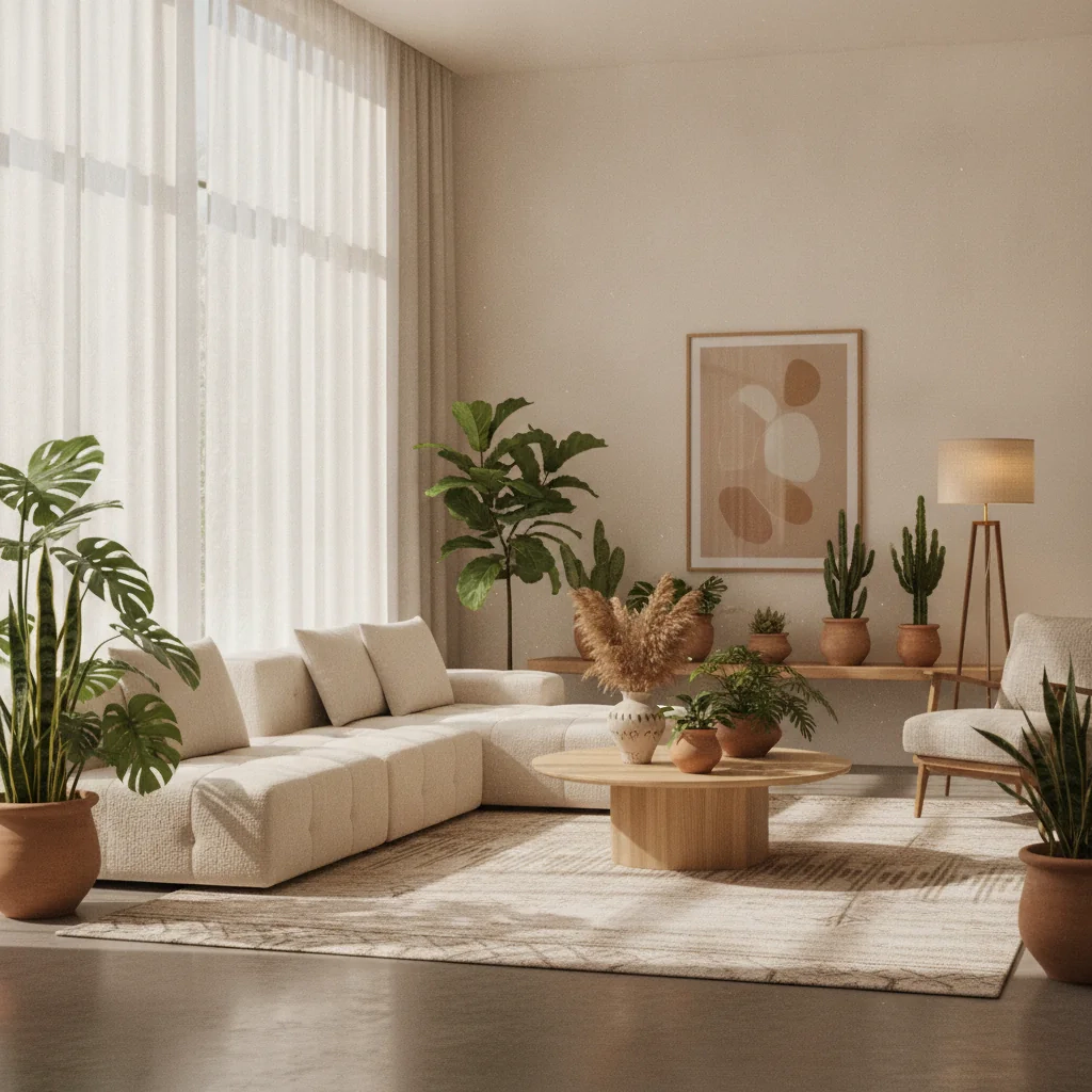 Sala amueblada e iluminada con plantas