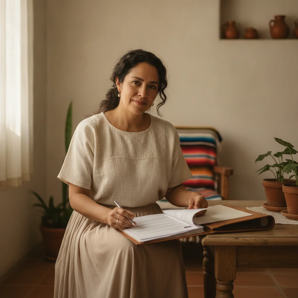 Mujer leyendo una guía legal en una habitación