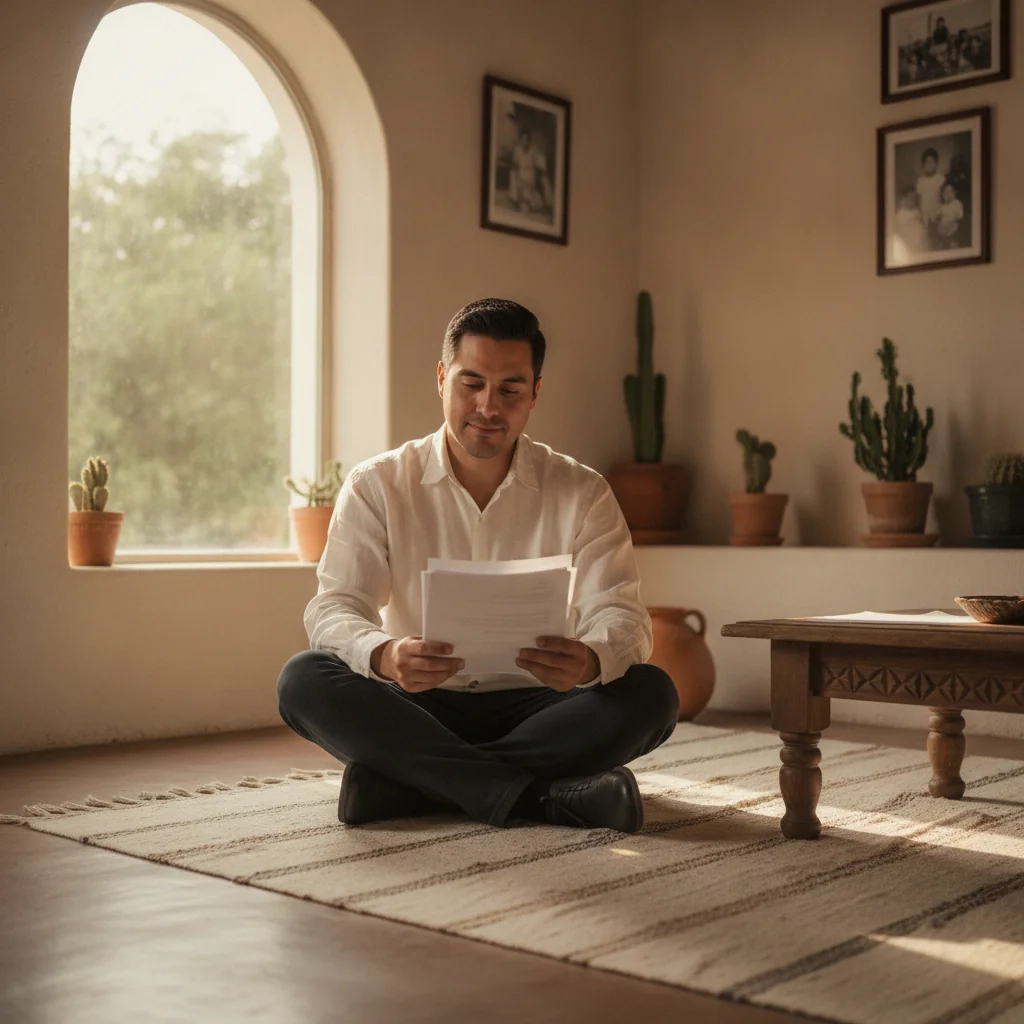 Hombre leyendo documentos sentado en una sala