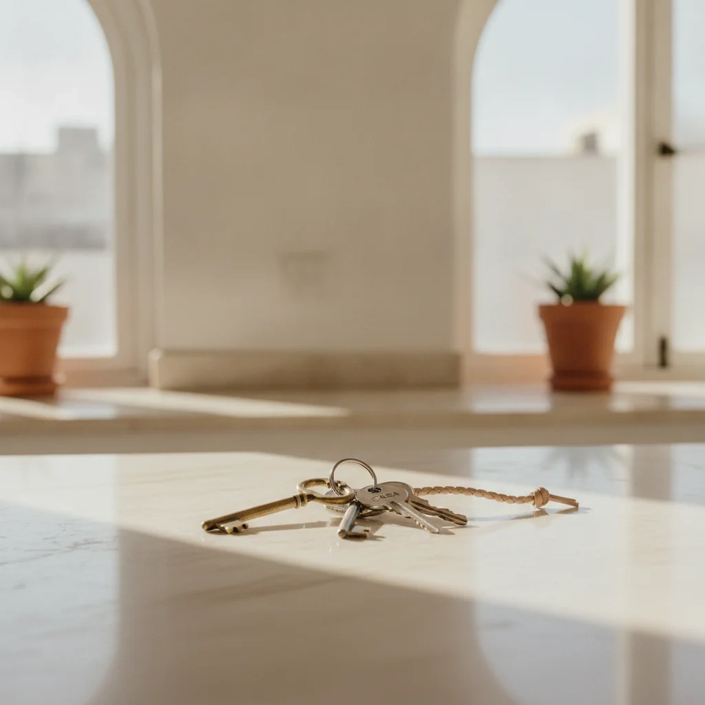 Llaves sobre una mesa clara junto a una planta